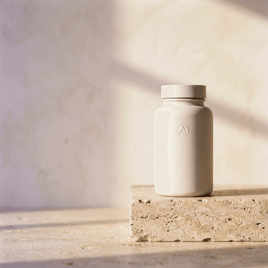 Vitaself Daily Foundation bottle on a travertine pedestal in afternoon sunlight